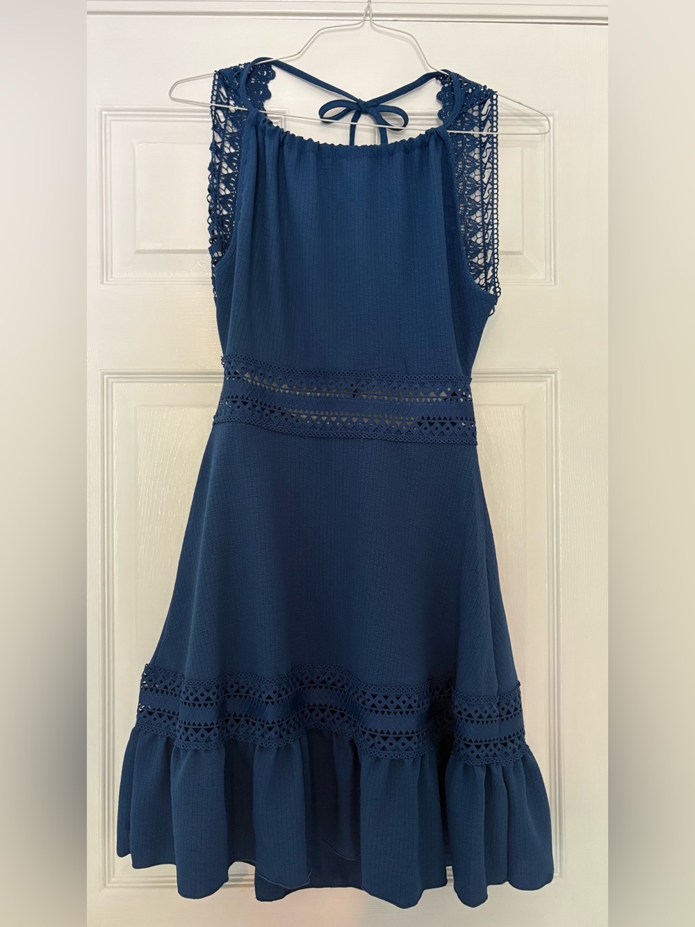 Navy Sleeveless Lace Trim Dress